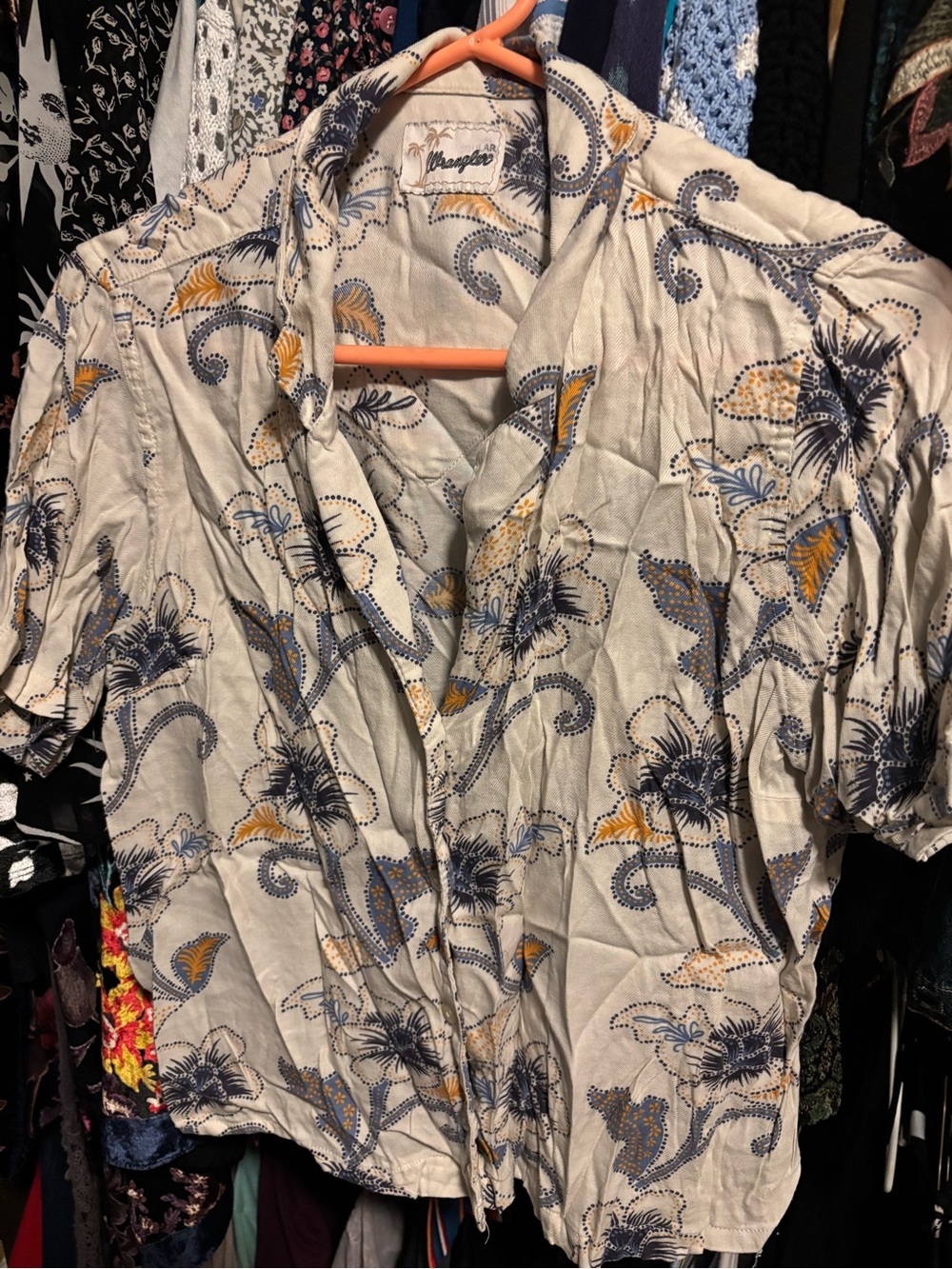 Wrangler Cream Button-Down Shirt with Blue and Yellow Floral Pattern